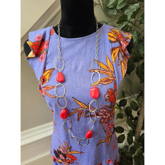 Free People Tunic Top Womens Small Blue Floral Cap Sleeve Drop Waist Crew Neck - Picture 5 of 11